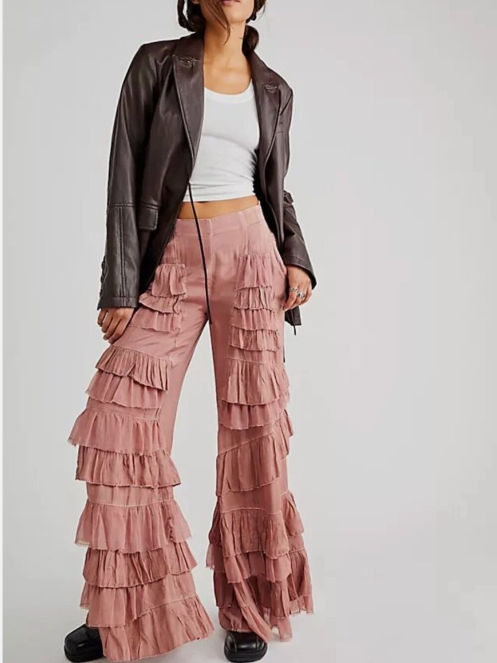 Free People Rock And Frill Trousers Pink Ruffle Pants Small NWOT